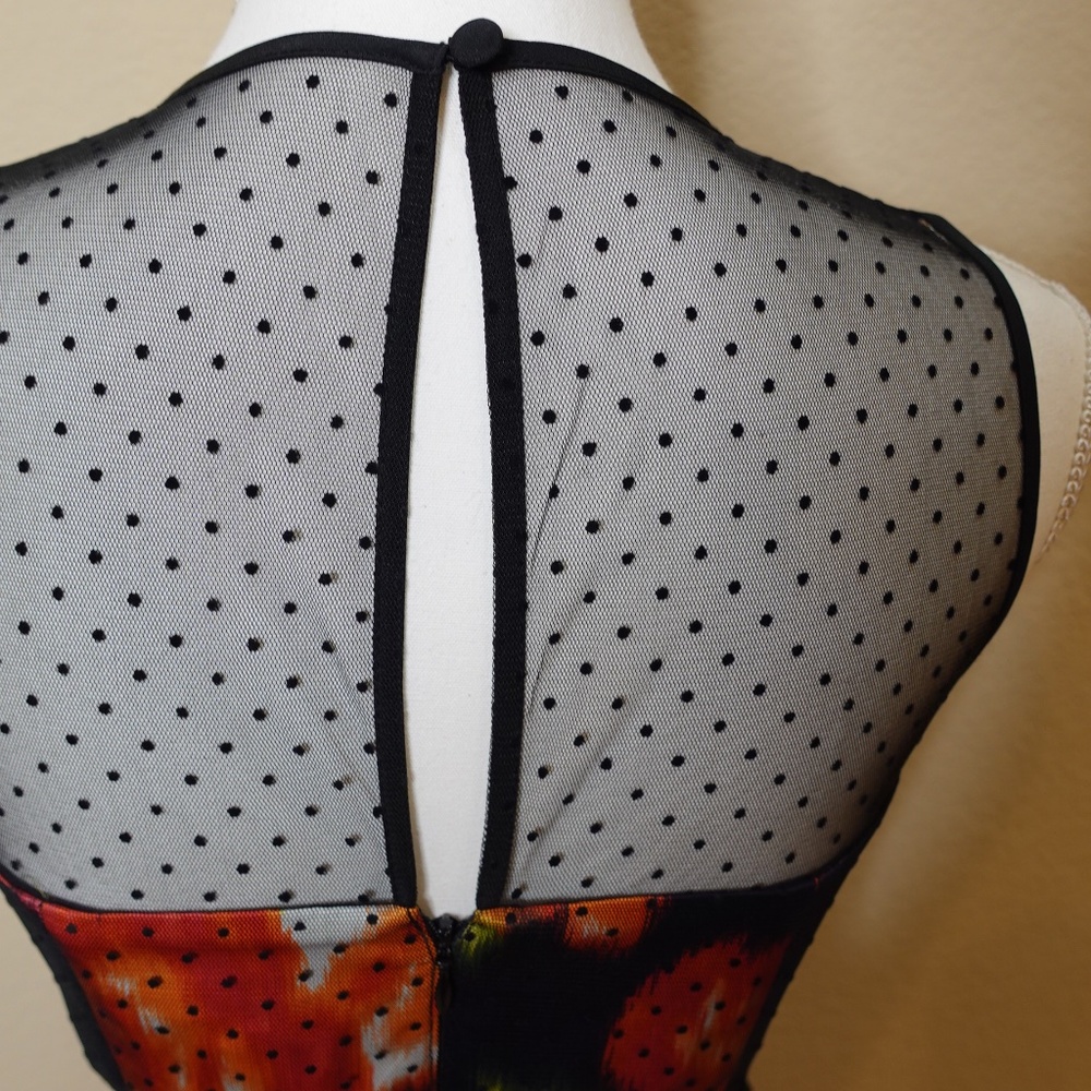 NEW Eliza J Navy Floral Dress with Black Sheer Polka Dot Mesh Ove… - Picture 6 of 16